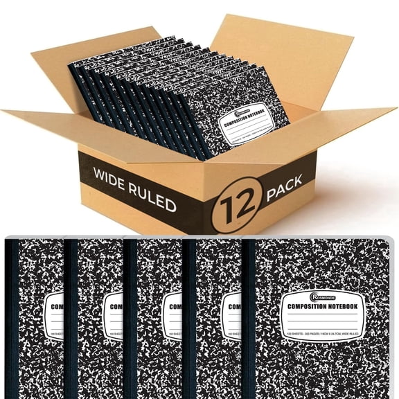 Rosmonde Wide Ruled Composition Notebooks, 12 Pack, 200 Pages (100 Sheets), 9-3/4 x 7-1/2", Black Marble Composition Notebook, Office Supplies Composition Book, Wide Ruled Notebooks for Work & School