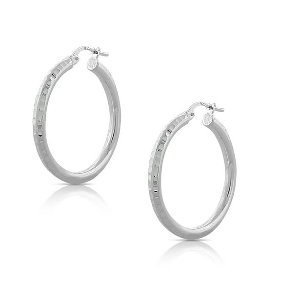 925 Sterling Silver Faceted Round Hoop Earrings, 1"