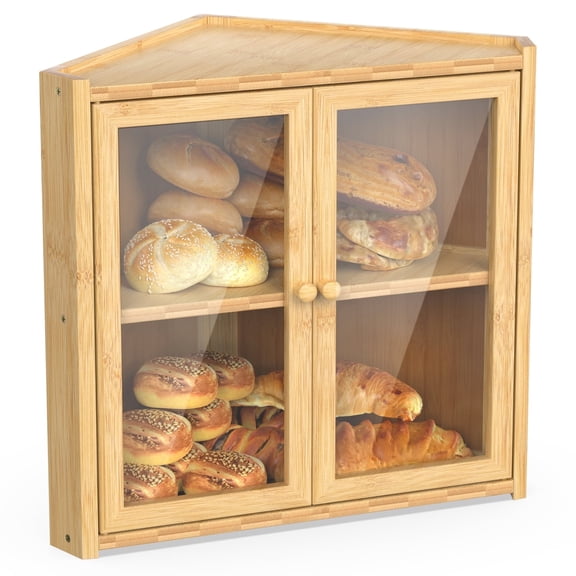 Bamboohomie Corner Bread Box for Kitchen Countertop, Double Layer Bamboo Bread Storage with Dual Doors, Farmhouse Bread Bin, Natural