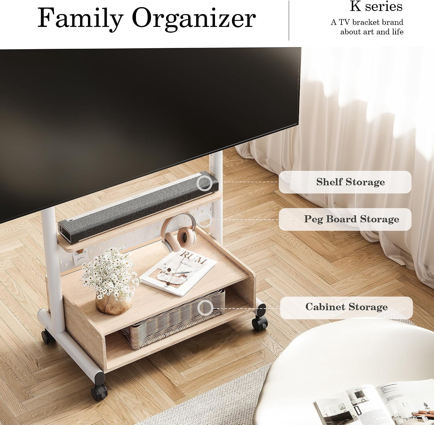 FITUEYES Rolling TV Stand for 40–85 Inch TVs, White, Storage & Pegboard