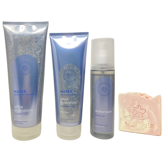 Bath & Body Works Water Winter Mint Moisturizing Body Wash, Body Cream and Perfume Mist with a Himalayan Salts Springs Sample Soap