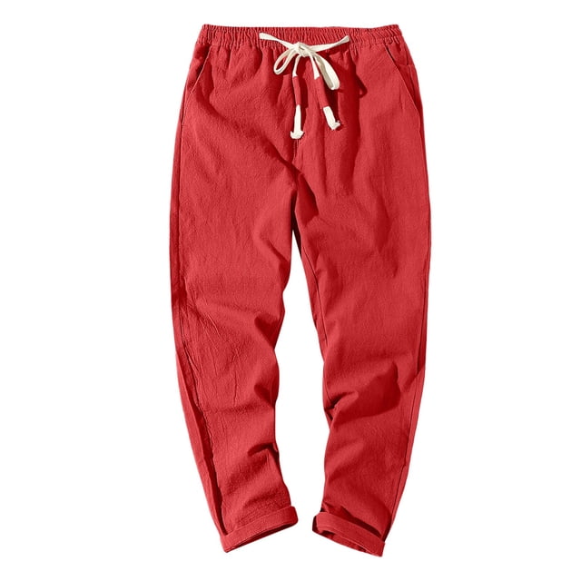 WEIYLL Men's Pants Solid Color Casual Japanese Sports Slim Feet Red Trousers Size M