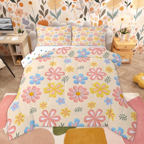 Homewish Pink Cherry Blossoms Bedding Comforter Set, Cartoon Flower Floral Twin Comforter Sets, Teens Kids Girls Women Reversible Bedding Set, Super Cozy Room Decor, 2 Pieces