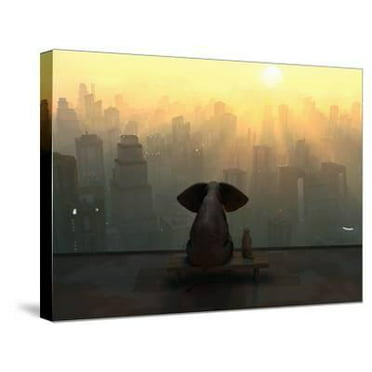 Wall26 Canvas Prints Wall Art - Elephant and Dog Sit Under The 