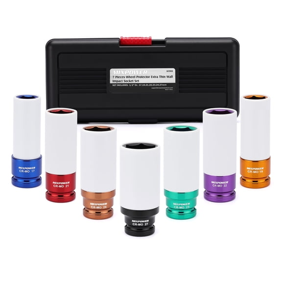 MIXPOWER PRO 7-Piece 1/2" Drive Lug Nut Impact Socket Set, Thin Wall Deep Wheel Socket, Non-Marring Plastic Sleeve, 6-Point, Metric 17mm-27mm, Color-Coded