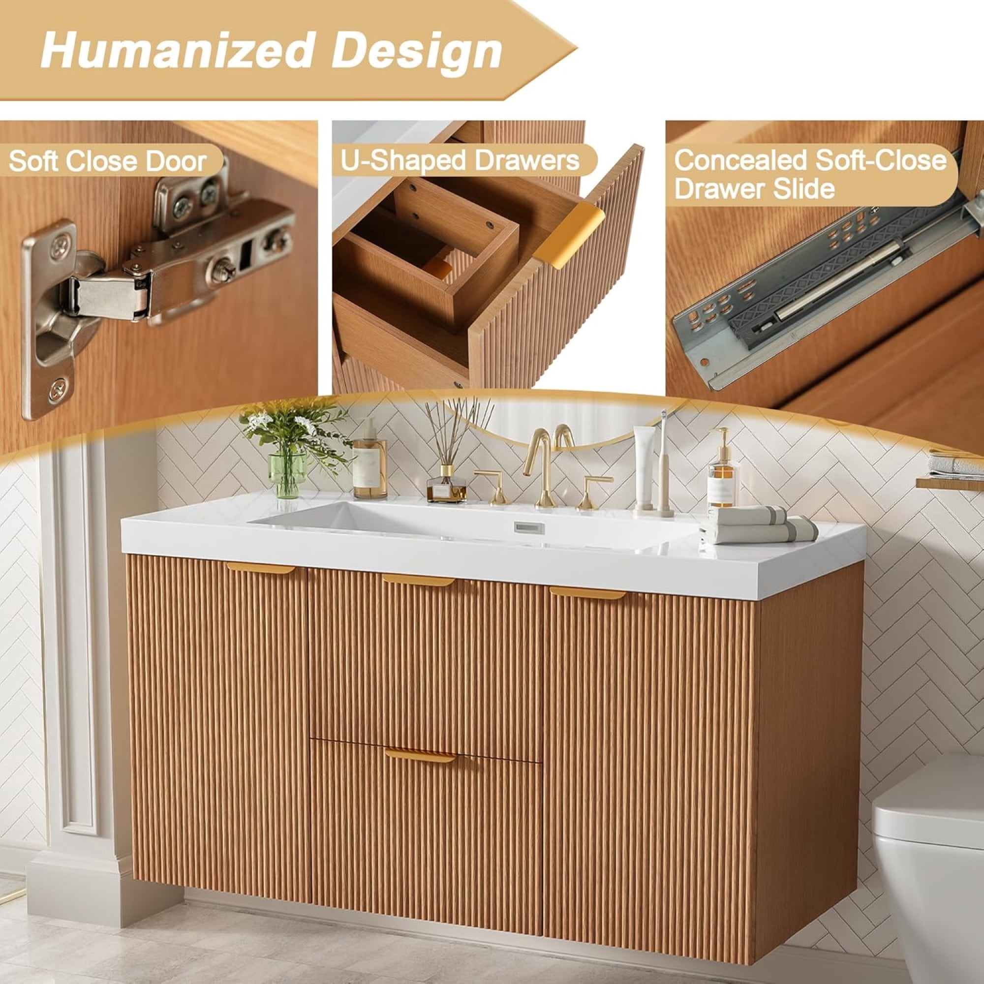 42 inch Bathroom Vanity with Sink Combo, Floating Single Sink Bathroom Vanities with SMC Resin Top, MDF Cabinet with Solid Wood Frame, Wall-Mounted Vanities for Small Bathrooms (42''-Wood)