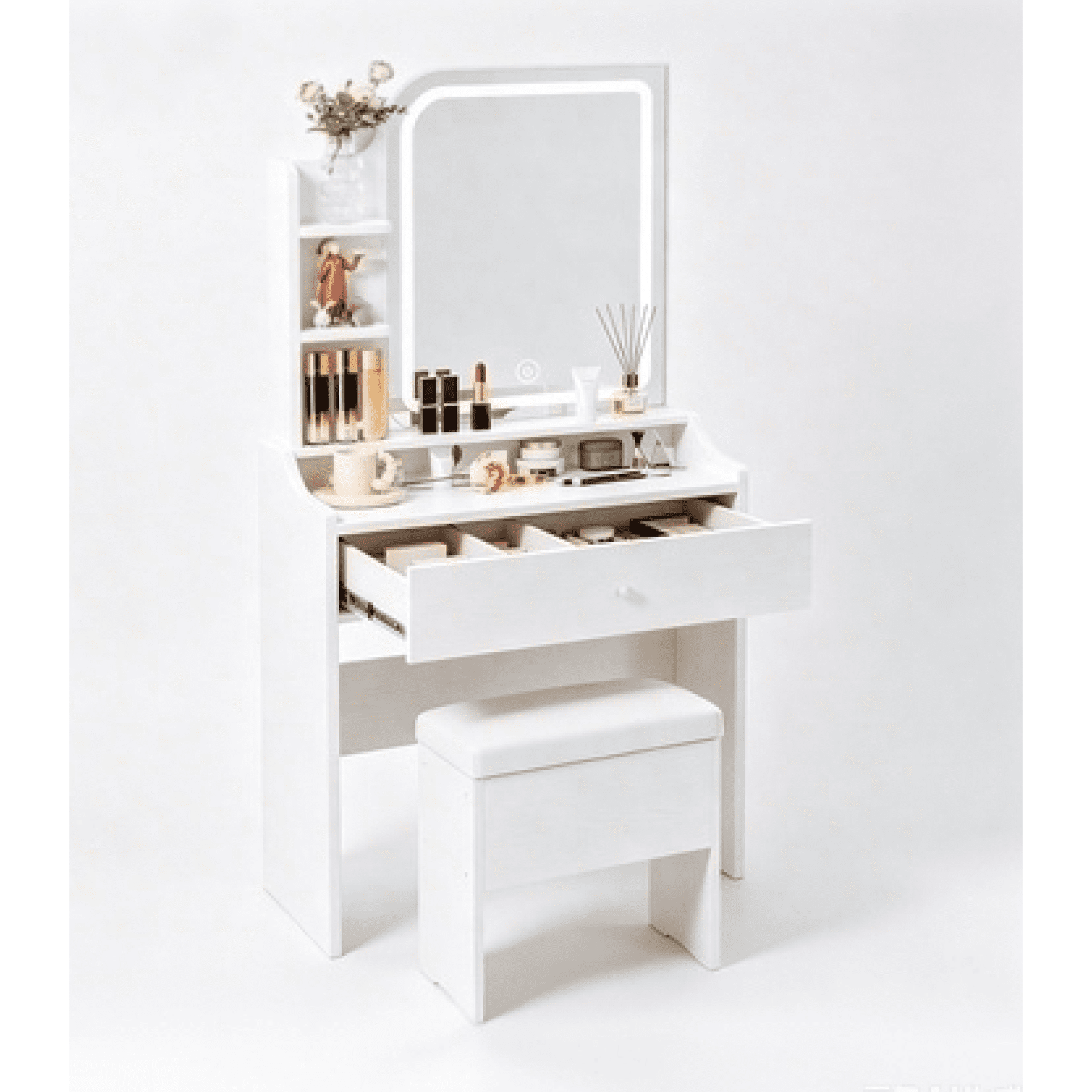 HOQBN White Vanity Set with Mirror and Smart LED,Small Makeup Table Dressing Table with Storage for Apartments,Bedrooms,Living Rooms
