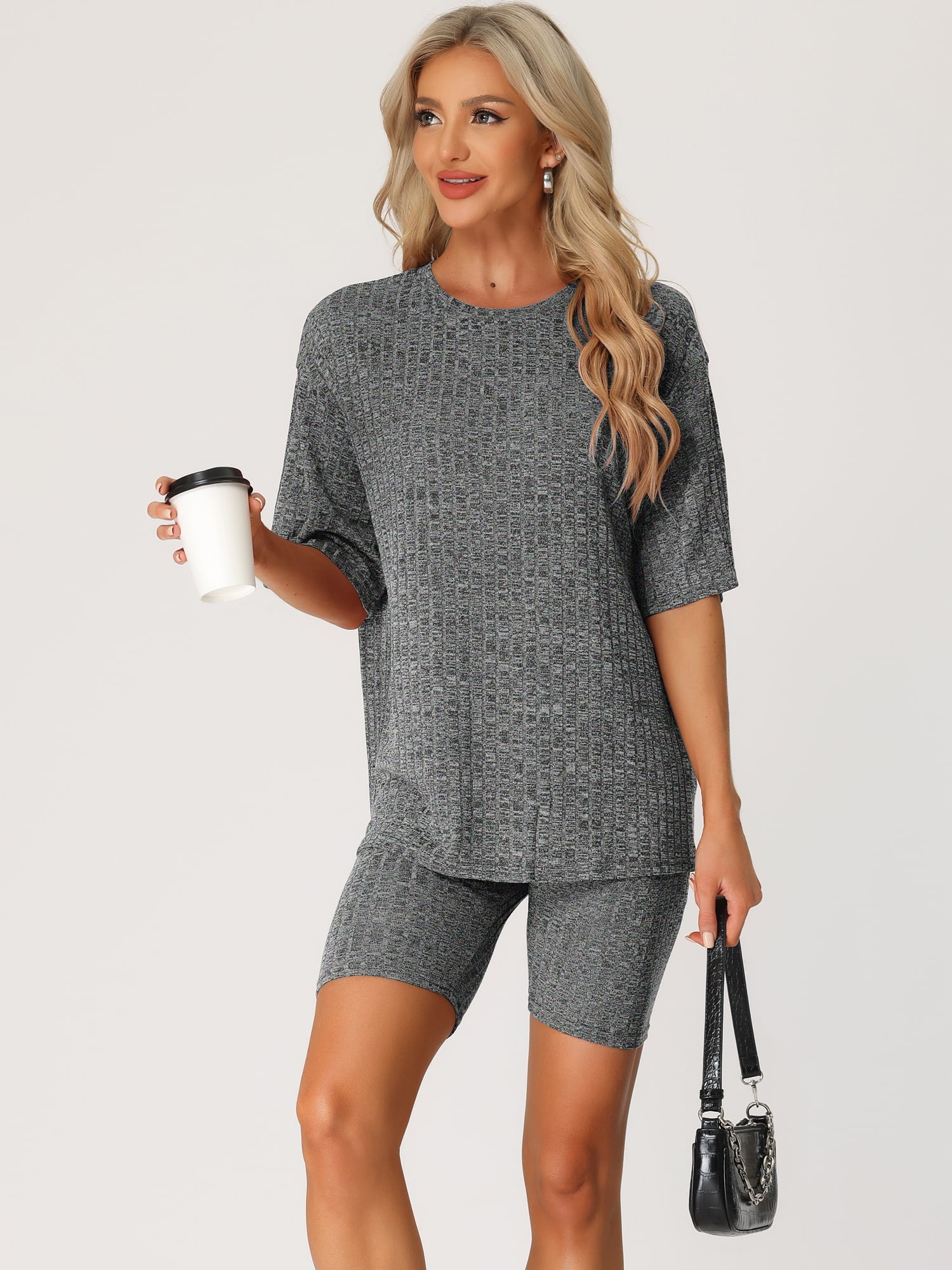 DARING DIVA Women's 2-Piece Knit Soft Tracksuit Short Sleeve Sweatshirt Set S Black Grey