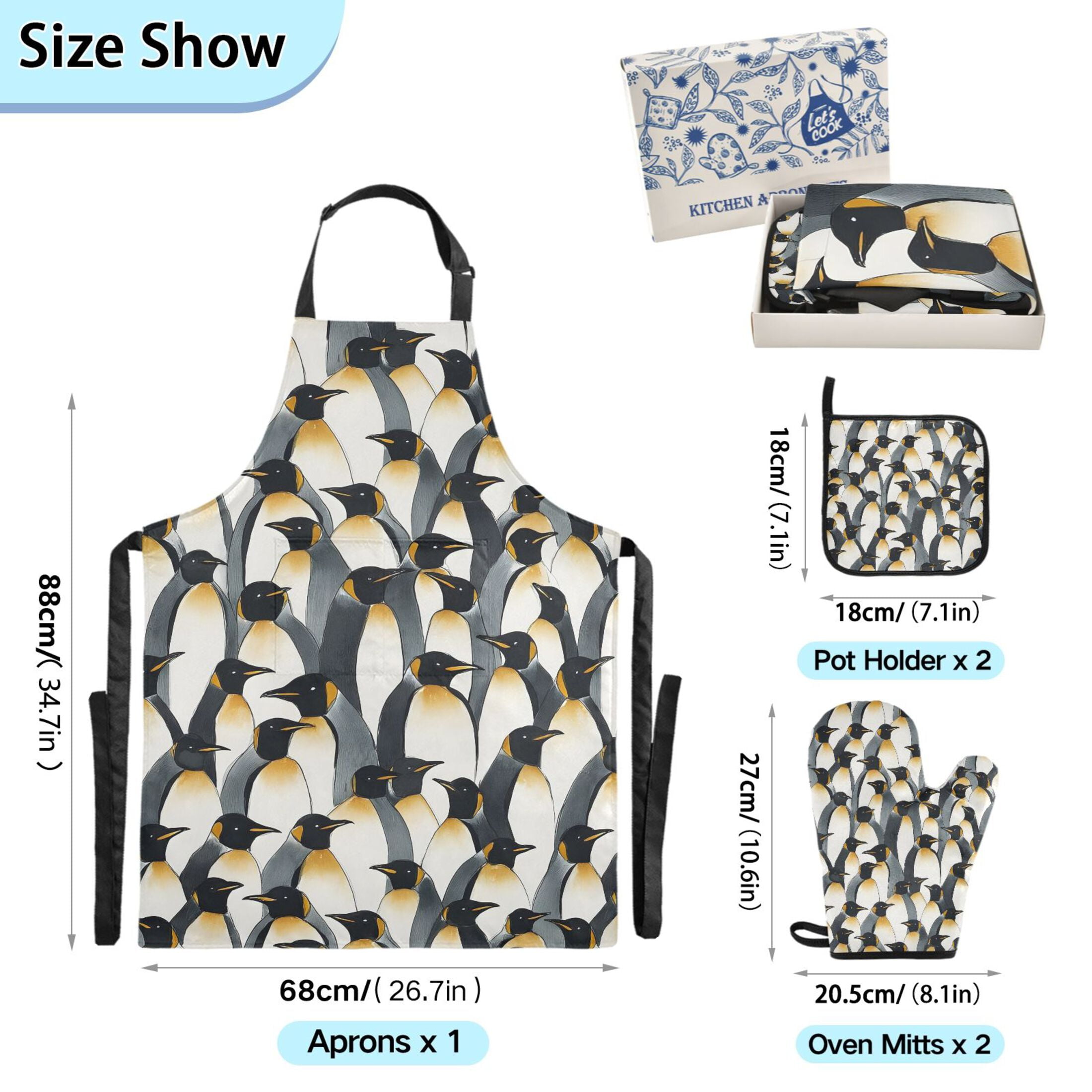 Ryvnso Penguins Pattern Kitchen Apron Oven Mitts Set Pot Holders
