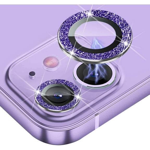 Bling Camera Lens Protector Compatible for iPhone 12(6.1")/12 Mini(5.4")/11(6.1") Ultra Thin/Clear Full Cover Metal Giltter Ring Anti-Scratch Tempered Glass Screen Protector - Purple Diamond