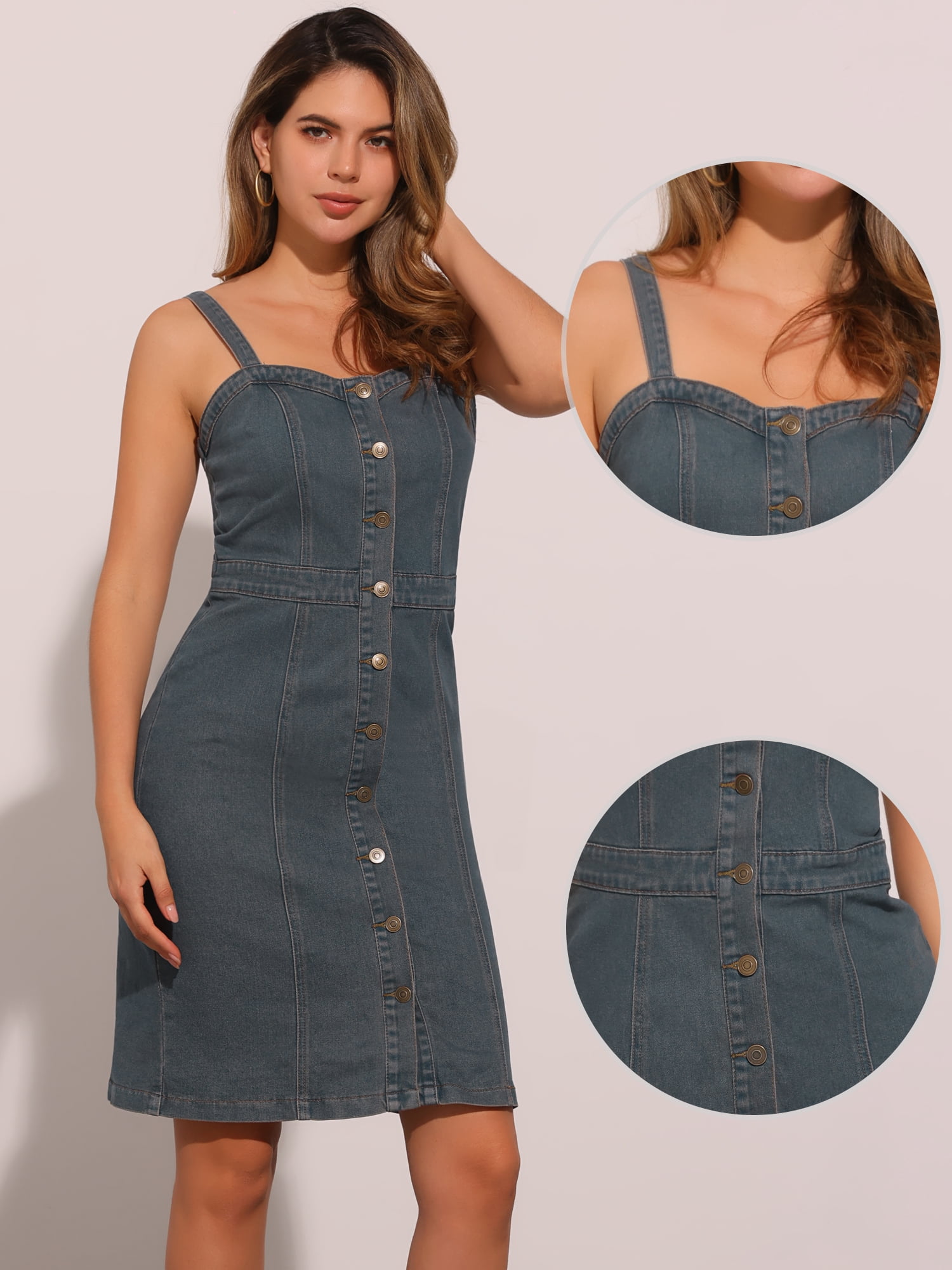 DARING DIVA Women's Button Down Sleeveless Sweetheart Neck Jean Dress M Vintage Blue