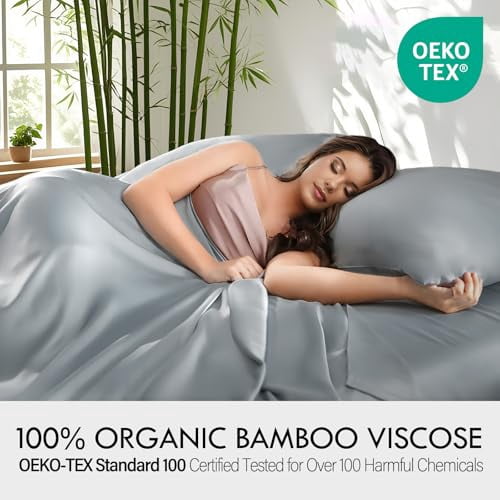 ClevaHome 4-Piece Queen Bamboo Bed Sheet Set, 100% Organic Cooling Fabric, 16" Deep Pocket, Silver