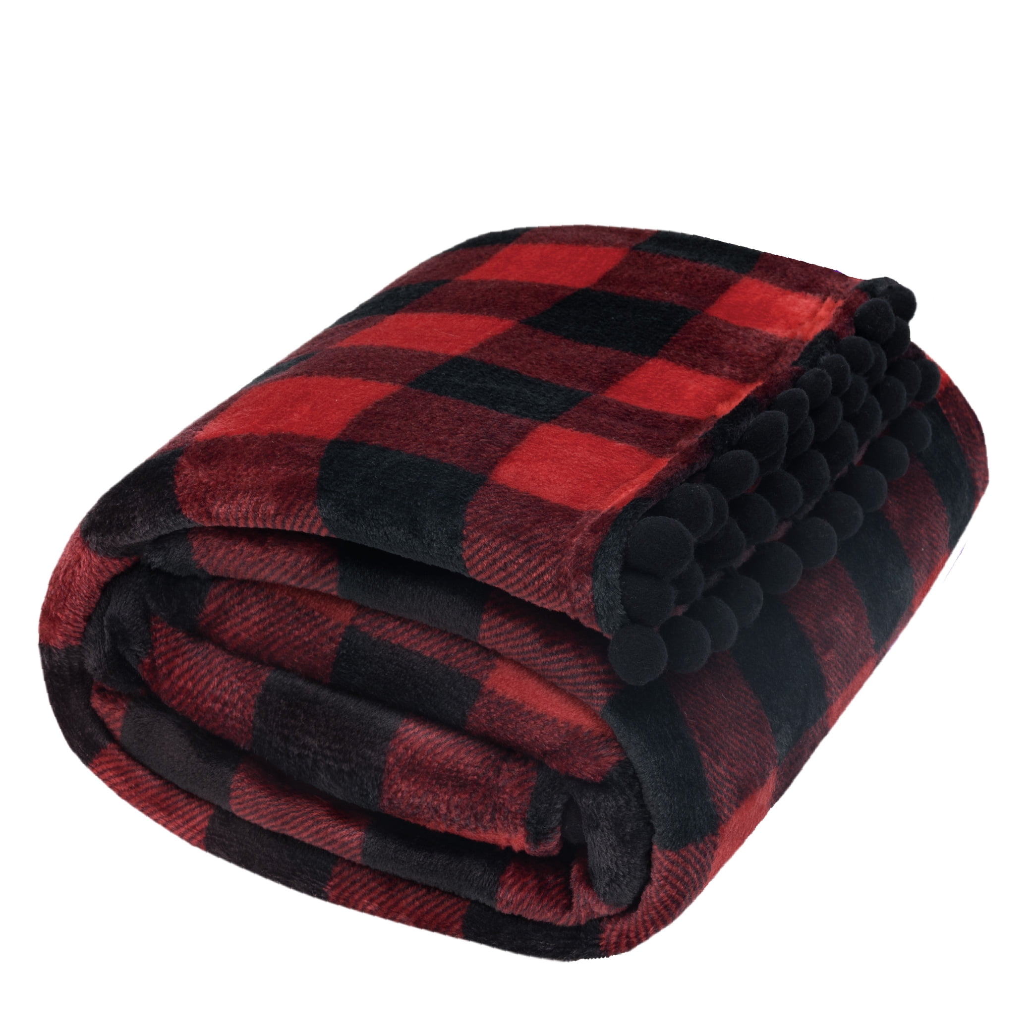 PAVILIA Black Red Fleece Throw Blanket for Couch with Pom Pom Fringe, Buffalo Checkered Plaid, Soft Cozy Fuzzy Flannel Blanket for Sofa Bed, Large Lightweight Plush All Season Throw, 60x80 Inches
