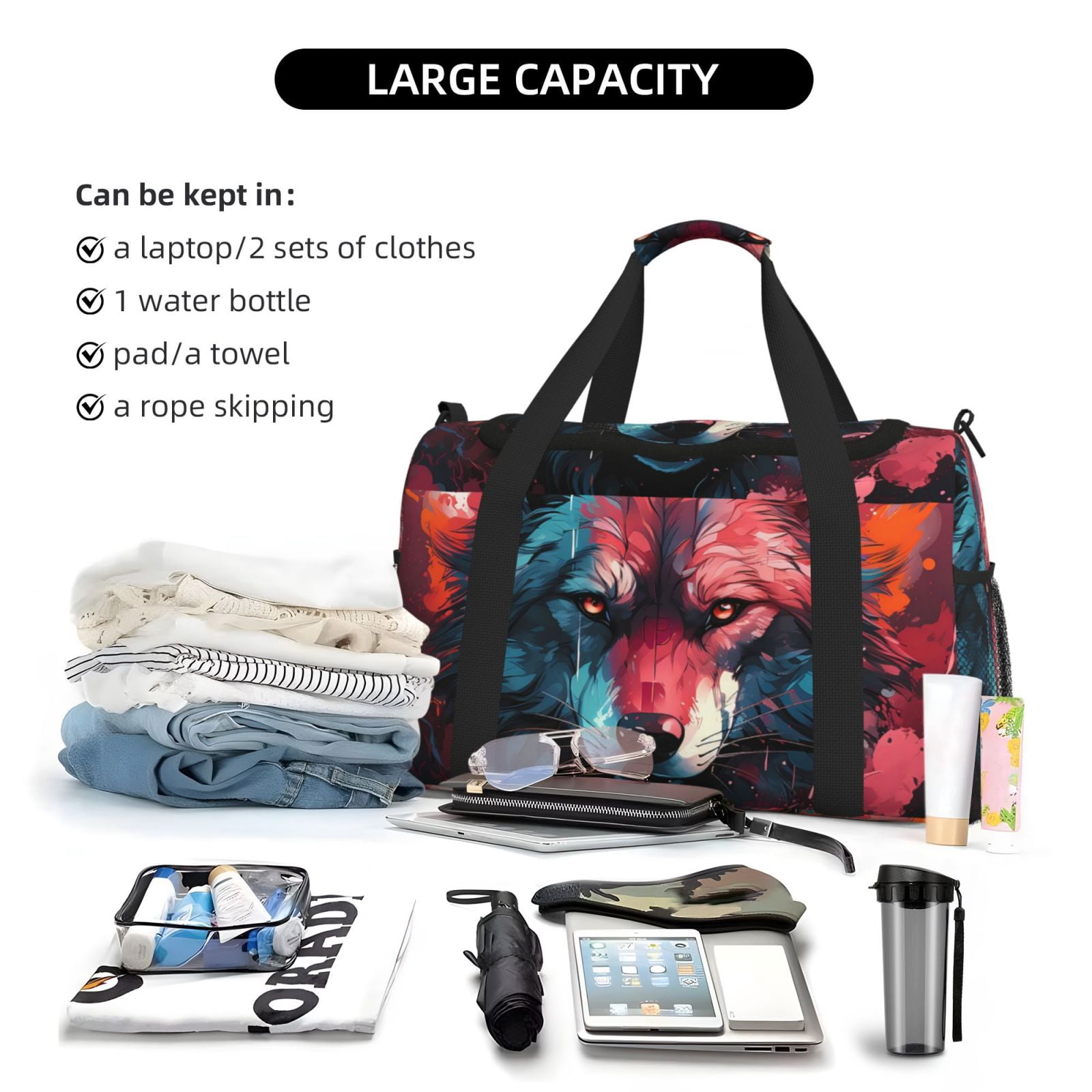 Fuzoiu Red Flame Wolf Head Print Travel Duffle Bag,Carry On Tote Bags,Duffel Bag,Sport Gym Bag, Hospital Bag for Labor and Delivery, Overnight Bag,Luggage Bag