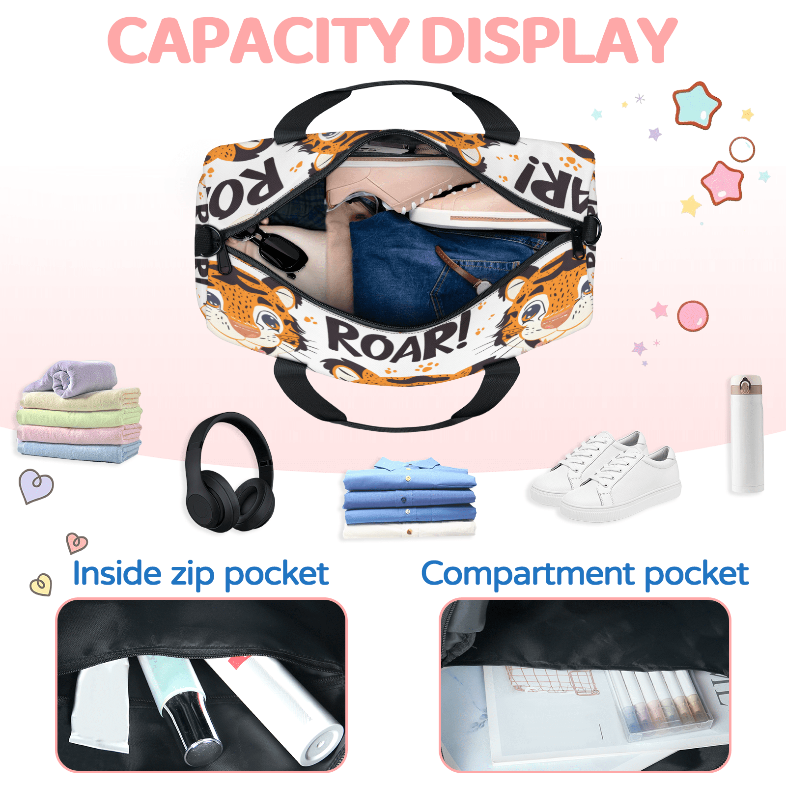 Herdesigns Cute Tiger Gym Bag for Women, Duffle Bag for Travel Sport, Pawprint Lightweight Waterproof Carry on Weekender Dance Yoga Workout Bags