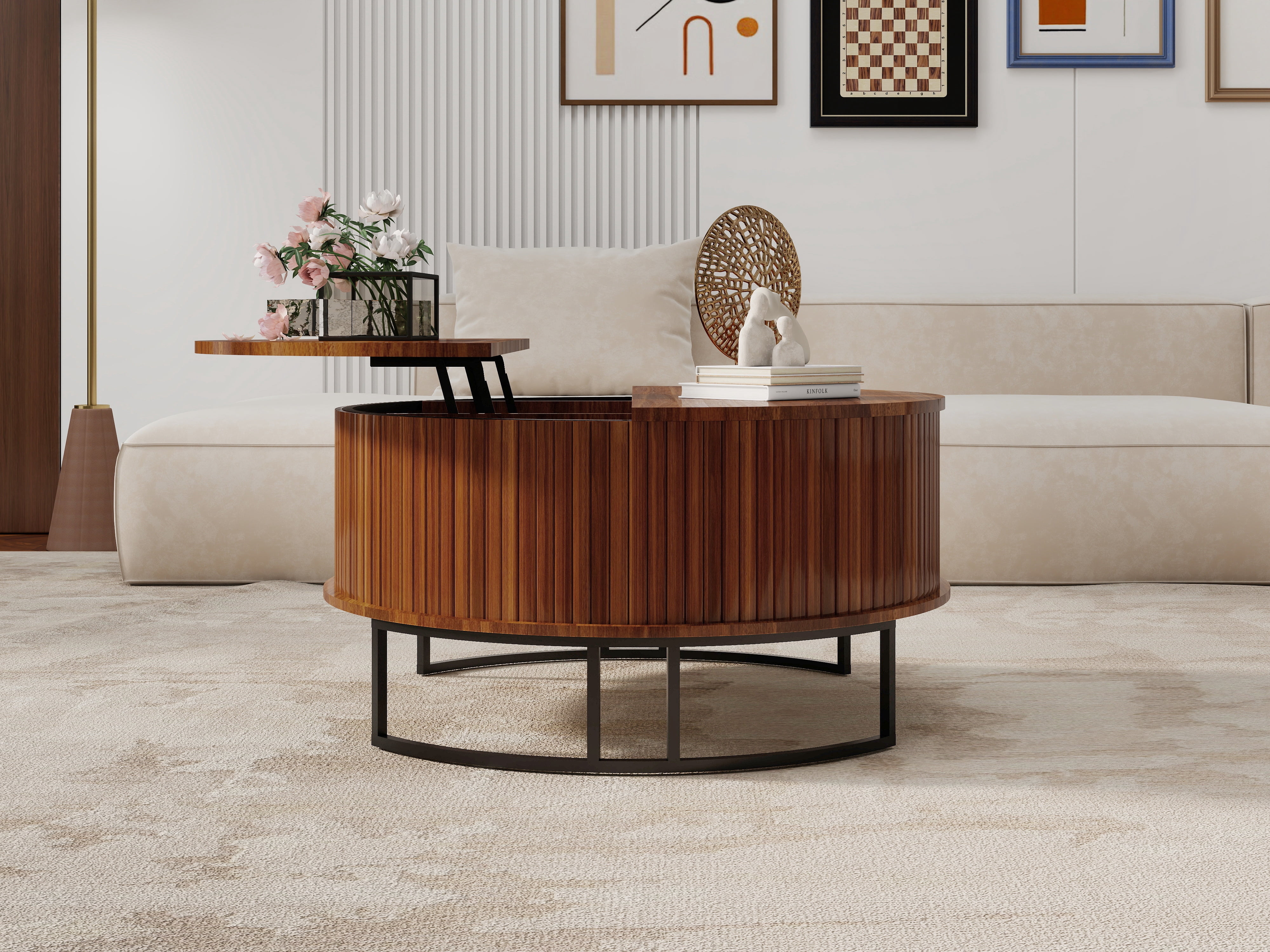 Coffee Table 31.5 Inch, Round Lift Top Center Table with Fluted Design and Hidden Storage, Mid-Century Modern Accent Table for Living Room, Walnut
