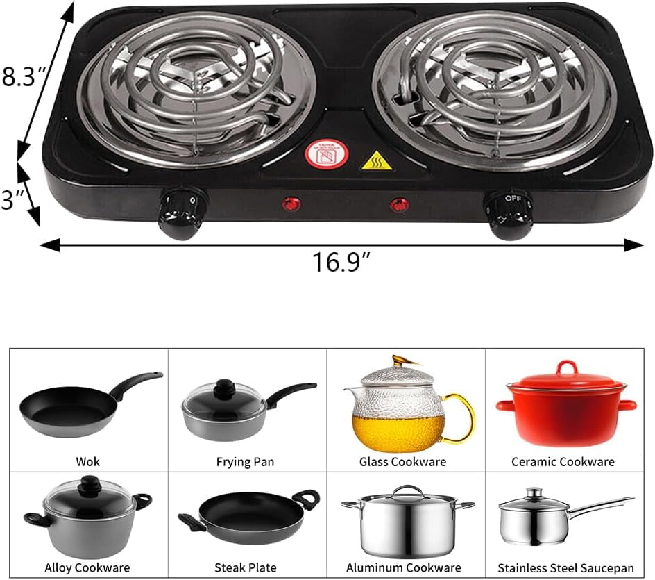 2000W Portable Electric Double Burner, Electric Hot Plate Kitchen Cooktop Cooking Stove Frying Pan and Easy to Clean for Home or Dorm, 5 Adjustable Temperatures, Black