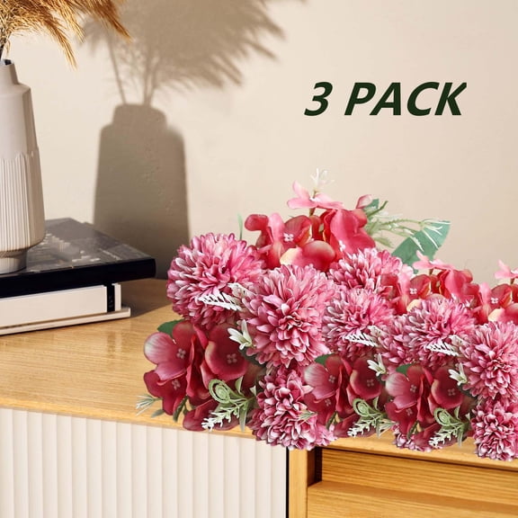 FEOLGEHLY 3 Pack 12 Inch Artificial Flowers, Faux Silk Chrysanthemum Ball Head Bouquet White Bouquets Hydrangea, Fake Chrysanthemum Ball Flowers for Home Tableside Office Decor, Weddings Party