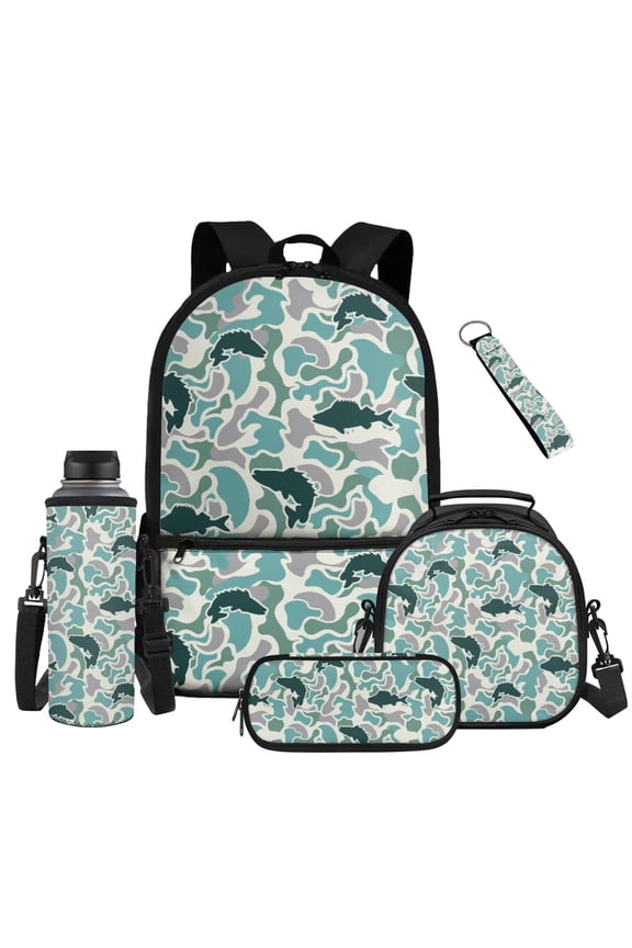 Green Bass Fish Camo Kids Backpack Set 5 Pcs Lightweight Outdoor Book Bag with Lunch Bag, Pencil Case, Water Bottle Cover and Wrist Strap for Young Fisher Boys Ages 6-12