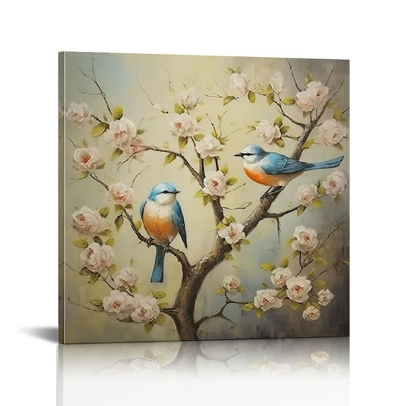 Acheng Bird Canvas Wall Art White Flower and Blue Birds Pictures Birds on Tree Branches Painting for Love Birds Decor Frame 12x12 in