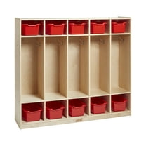 ECR4Kids 5-Section Coat Locker and Scoop Front Storage Bins, Natural, Red, 1