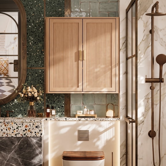 Wall Mounted Bathroom Storage Cabinet, Over The Toilet Organizer with Fluted Doors, Medicine Cabinet for Laundry Room, Natural