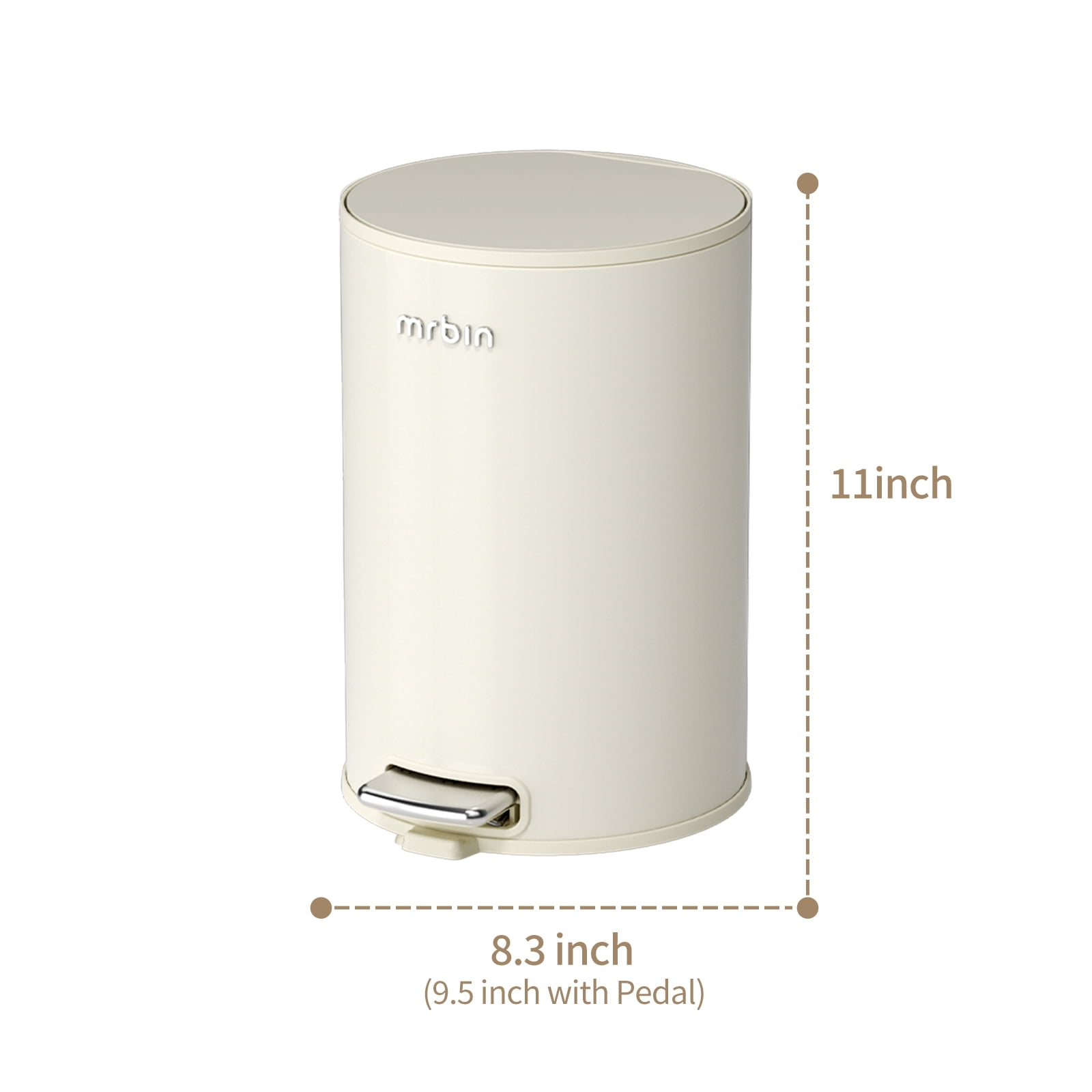 MRBIN Small Metal Bathroom Trash Can with Lid, Step Waste Basket for Bedroom, 6L / 1.6gal Round Garbage Pail Kitchen with Plastic Inner Bucket and Stainless Steel Pedal, White