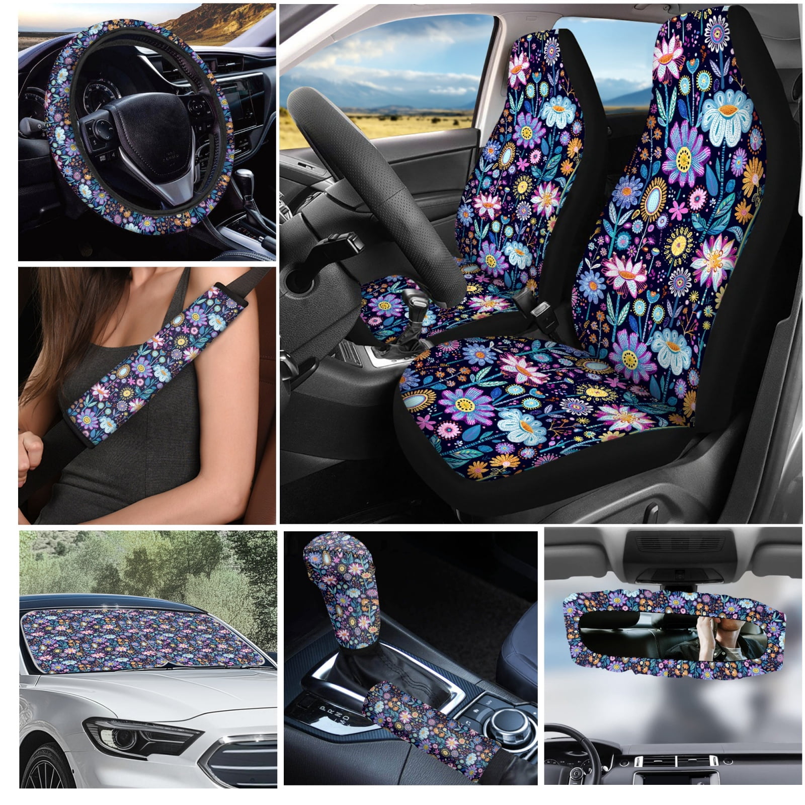 Yuyamidu Colorful Flower Car Seat Covers Full Set of 16 Car Windshield Sun Shade Gear Shift Cover Hand Brake Cover Steering Wheel Cover Seat Belt Pads Rearview Mirror Cover Cup Holders Keychain