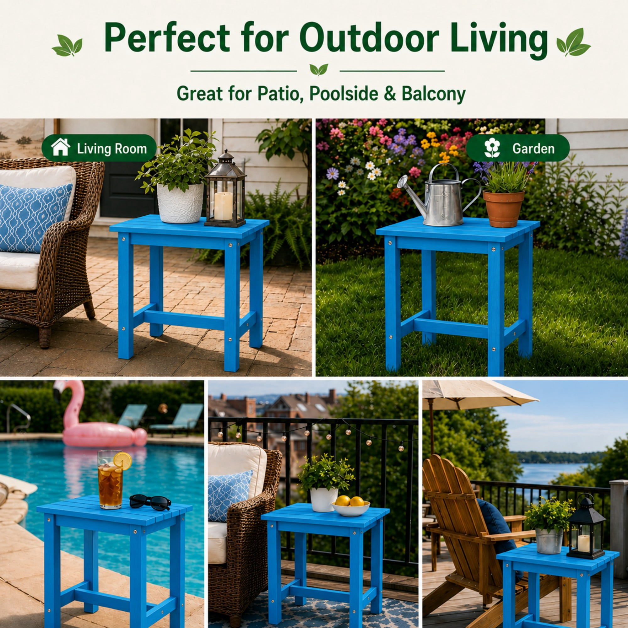 Y&M Outdoor Side Table, HDPE Patio End Table for Adirondack Chair, Weather Resistant Small Accent Table, Bright Blue, Single Layer