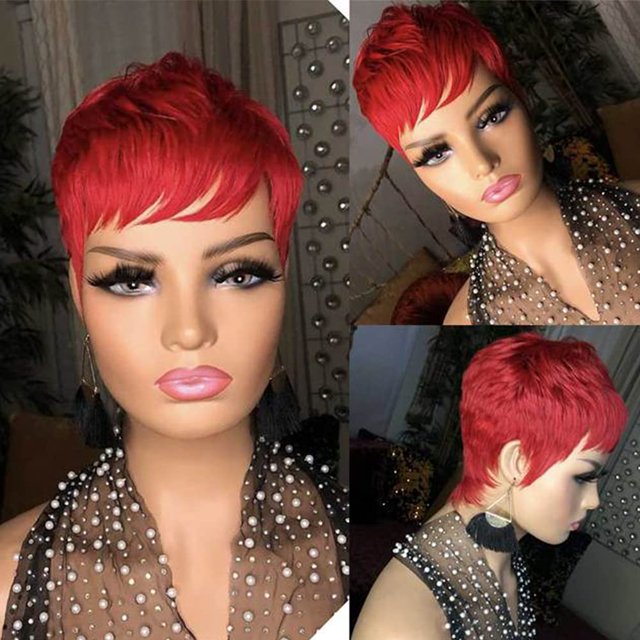Pelucas Sumcas de corte pixie corto rojo para mujeres negras, cabello humano brasileño Remy, sin pegamento, estilo afroamericano, con flequillo.