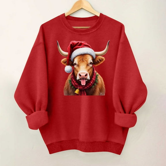 SYMOID Womens Christmas Oversized 100% Cotton Crewneck Sweatshirt - Red Bull Print with Santa Hat Festive Casual Drop-Shoulder Top for Holiday & Daily Wear,Size S