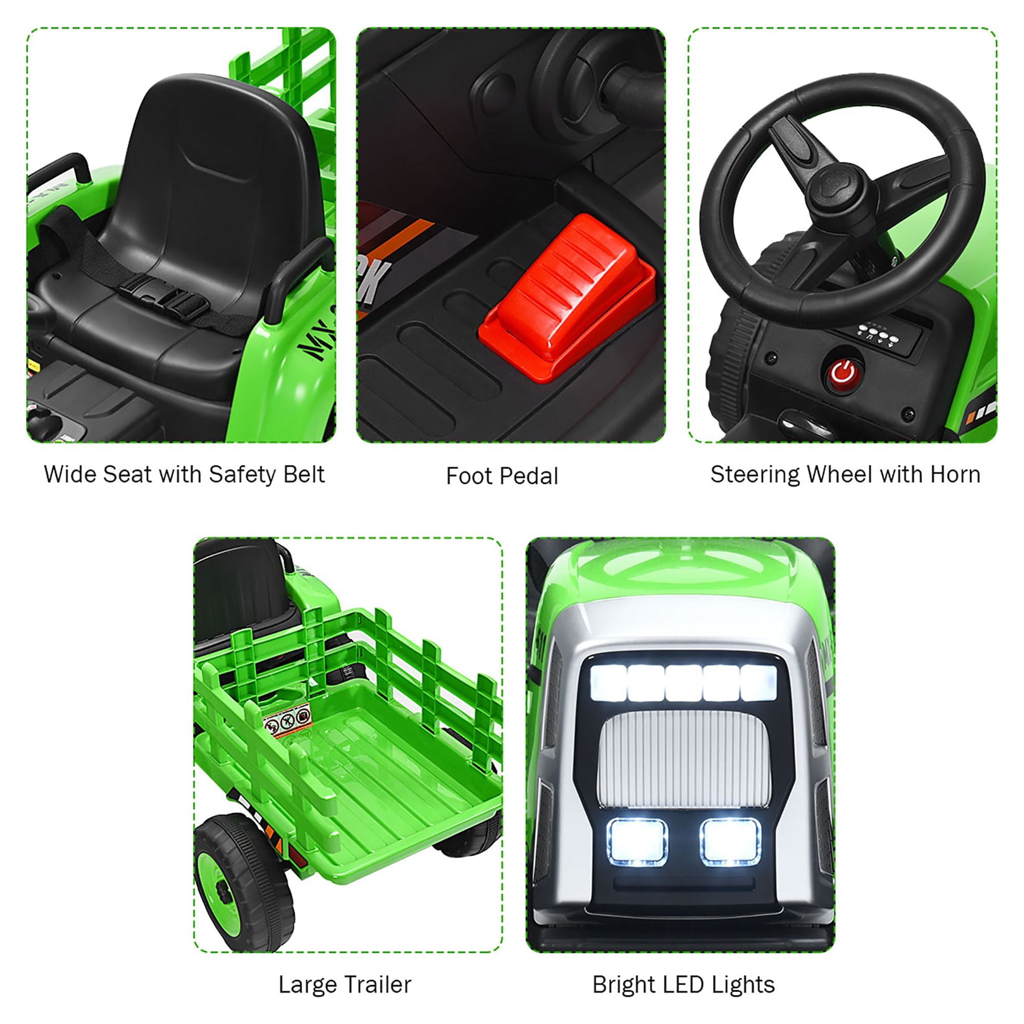 Costway 12V Kids Ride On Tractor with Trailer Ground Loader w/Remote Control &LED Lights Green
