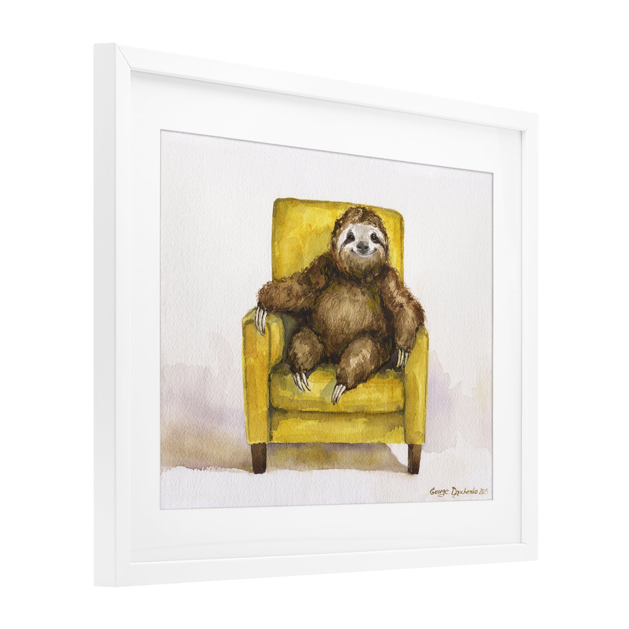 Stupell Industries Happy Sloth Relaxing on Armchair White Framed Print Under Glass, design by George Dyachenko