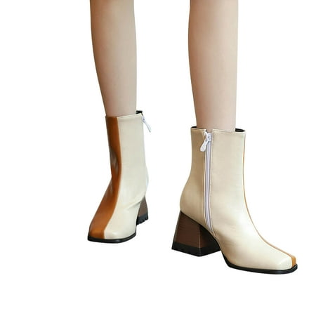 

Josdec Boots for Women Winter/Fall Clearance Large Punk High Heel Rectangle Toe Thick Heel Zipper Contrast Mart Short Boots