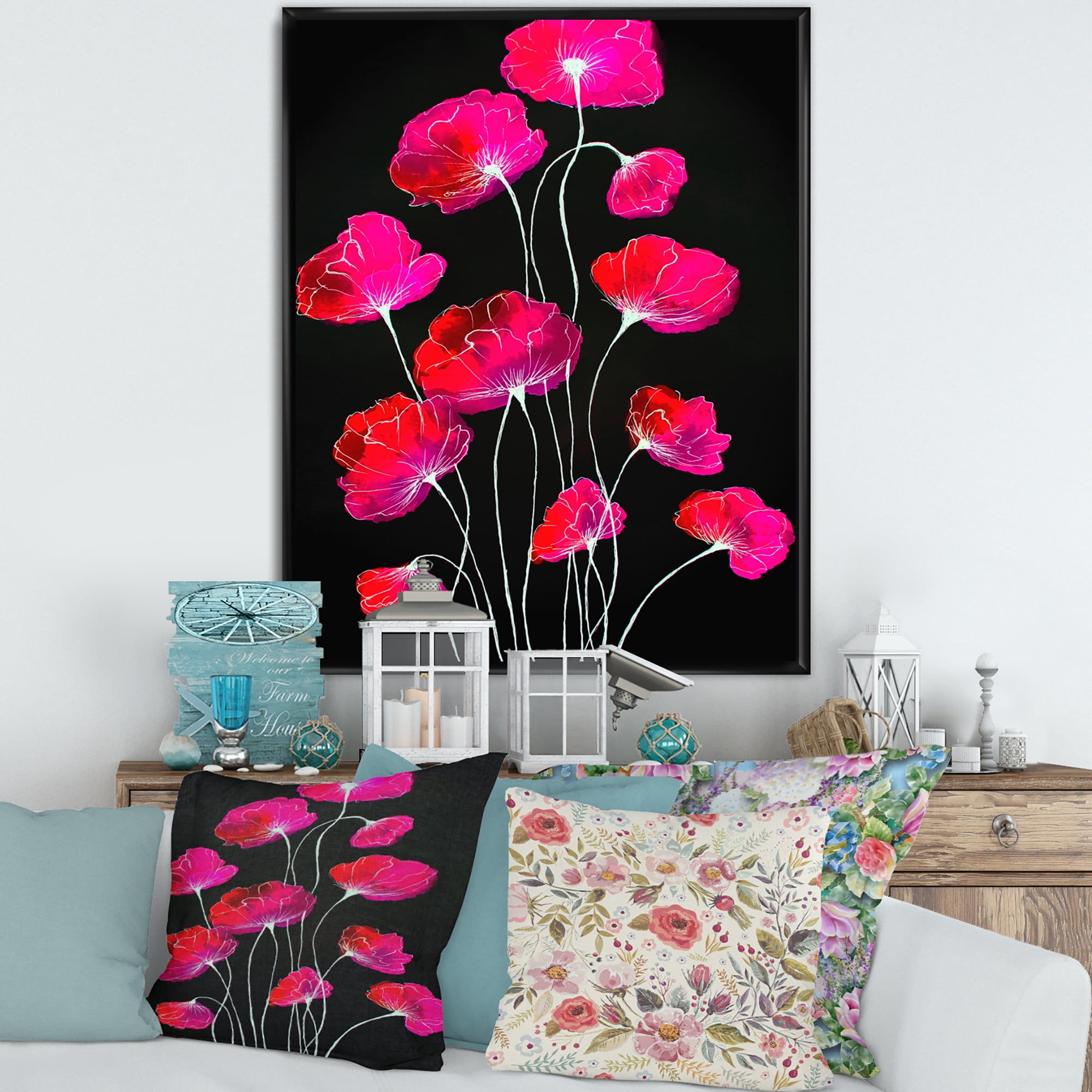 Designart 'Abstract Red Flower Detail On Black Background III' Traditional Framed Canvas Wall Art Print