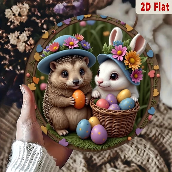 Hedgehog & Rabbit With Easter Eggs Sign, 8" Vintage Round Metal Sign Art Window Decor Perfect Gift for Easter Decor, Spring Areas, Animal Admirers, Holiday Lovers, For Room Decor, 2D Flat