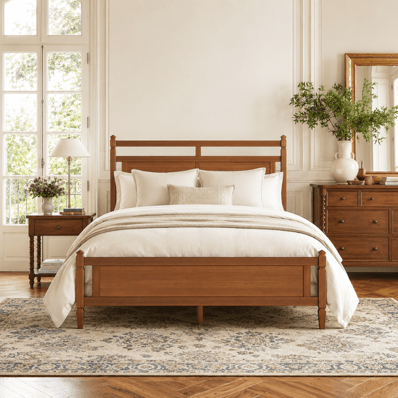 MODERNLUXE Mid-Century Modern Queen Size Bed Frame,Wooden Platform Bed with Headboard and Slats,No Box Spring Needed,Easy Assembly,Light Walnut