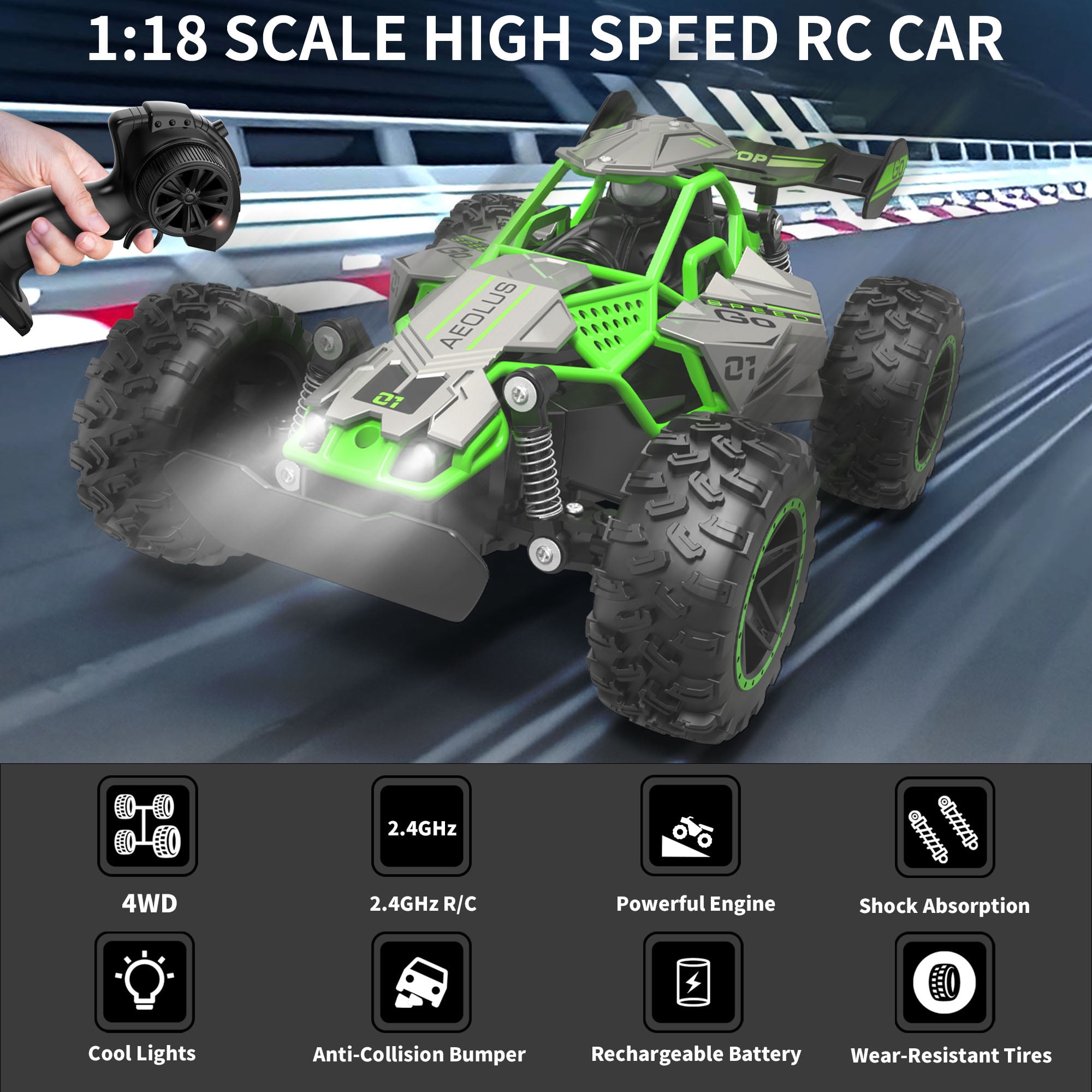 UUGEE Remote Control Car, 2.4GHz High Speed RC Cars Toys, 15MPH RC Truck Off Road with LED Headlight,Christmas Birthday Gifts for 8 11 Year Old Boys Kids,Green