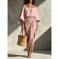 thumbnail image 5 of Women Off Shoulder 3/4 Sleeve Maxi Dress Waist Twist Ruched Side Slit Casual Dress for Beach Vacation, 5 of 5