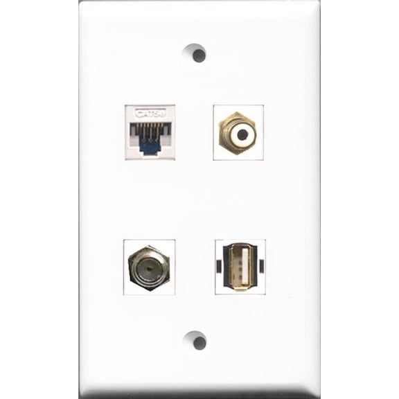 RiteAV 1 Port RCA White and 1 Port Coax Cable TV- F-Type and 1 Port USB A-A and 1 Port Cat5e Ethernet White Wall Plate