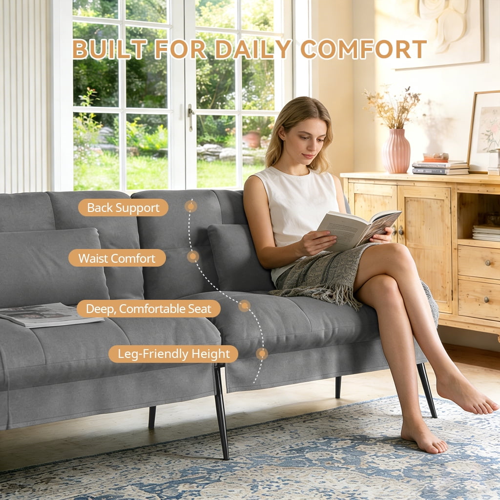 COMHOMA Convertible Futon Sofa Bed Upholstered Futon Couch 68.5" Fabric Sleeper Sofa, Gray