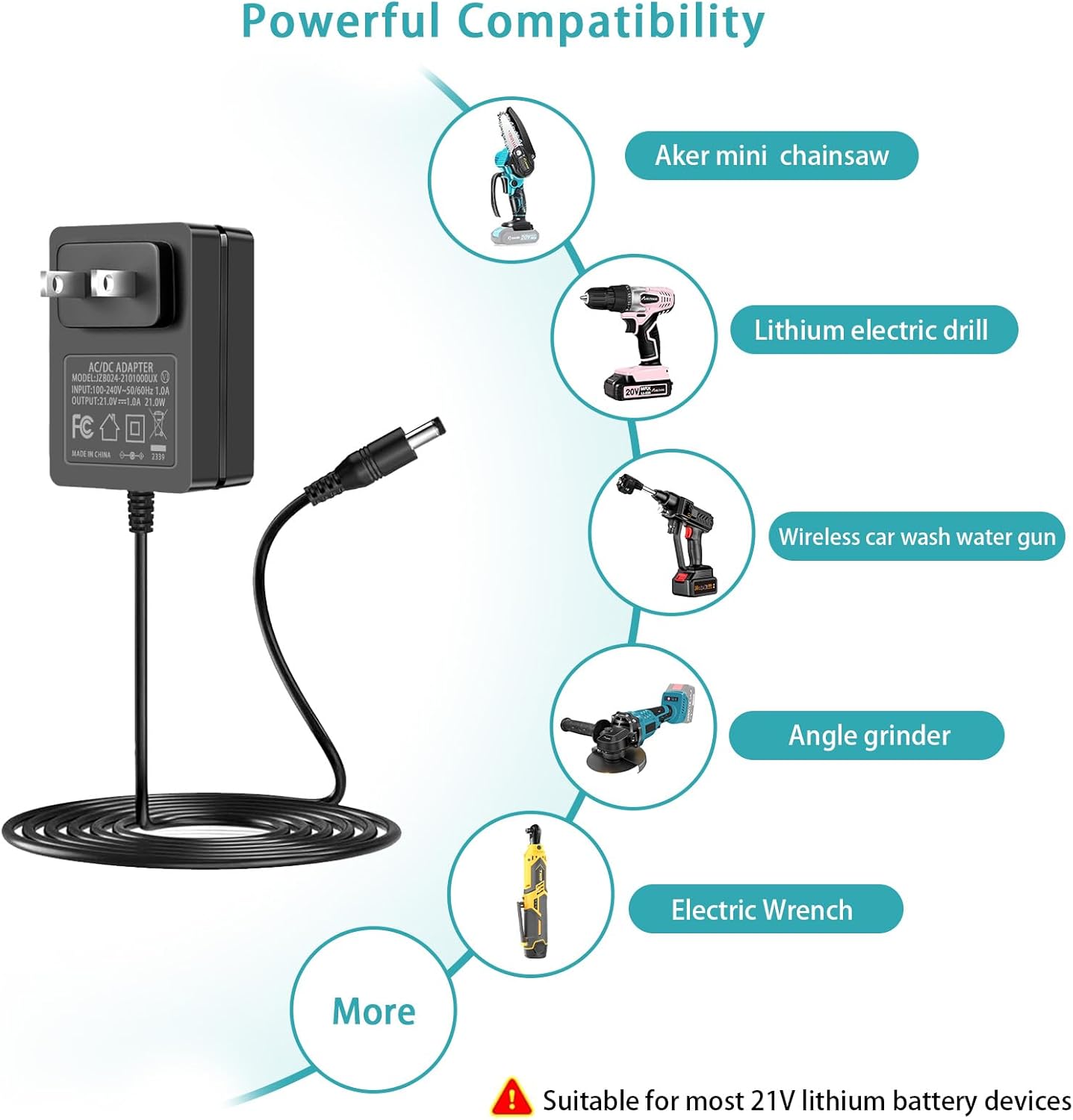 21V Lithium Battery Charger for 20V/21V Power Tools - Compatible with Mini Chainsaw, Electric Drills, Leaf Blowers, Weed Wackers - Fast Charging & Overload Protection.
