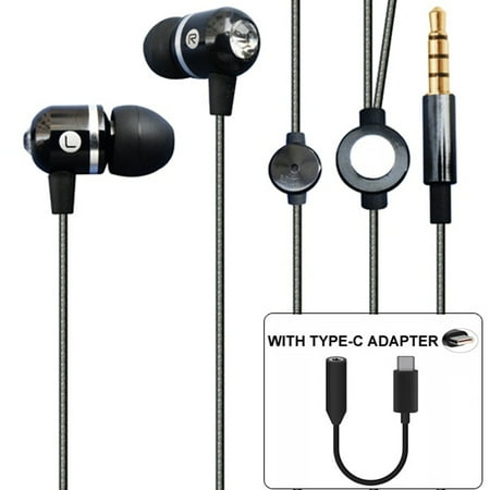 Premium Sound Handsfree Headset Mic Earphones with TYPE-C Audio Adapter Headphones Jack Metal Earbuds [Black] 12 for Motorola Moto Z Droid Force Droid