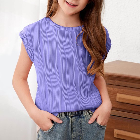 DAETIROS Girls Fashion T Shirt, Cute Crewneck Solid Comfy Soft Short Sleeve Girls Summer Top Purple Size 4-14