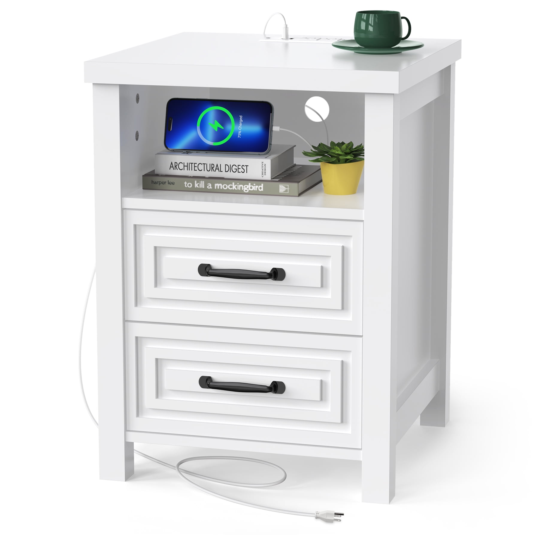 HOMWOO White Nightstand with Charging Station Modern Bedside Table with 2 Wooden Drawers and Storage Shelves for Bedroom Living Room