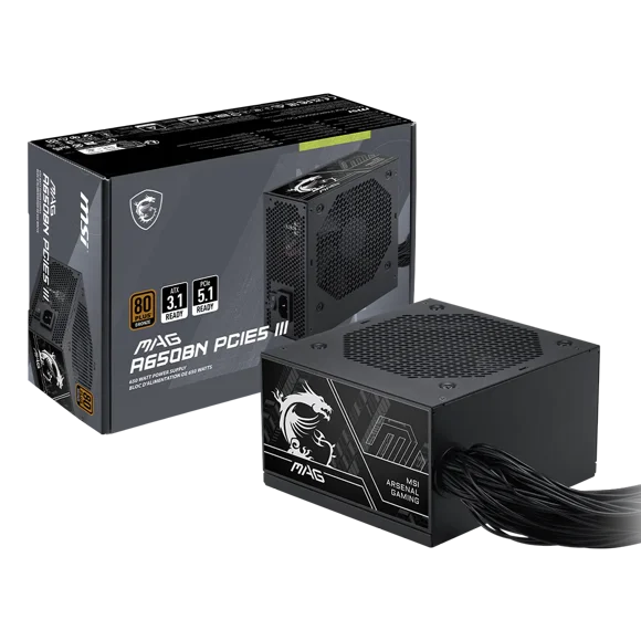 MSI MAG A650BN PCIE5 III, Alimentation de Jeu Compacte Non Modulaire 650 W, 80+ Bronze, Prêt pour ATX 3.1 et PCIe 5.1, Ventilateur à Faible Bruit, Câbles à Gaine Embossée, Garantie de 5 Ans