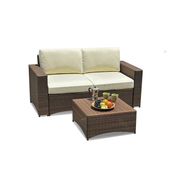 W Unlimited Studio Shine 2 Piece Wicker Rattan Patio Loveseat Set in Dark Brown