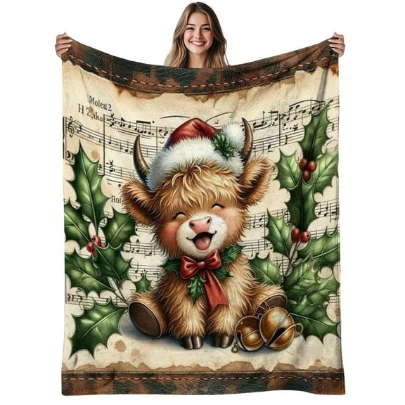 1pc Highland Cow with Santa Hat Flannel Blanket - Soft & Warm All-Season Cozy Throw, Cute Scottish Cow Christmas Bedspread with Holly & Musical Notes, Machine Washable for Bed, Sofa, Living Ro