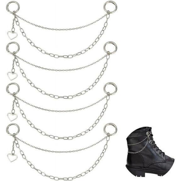 1 set 4pcs Iron Boot Strap Chains with Heart Charm with Alloy Spring Gate Rings Platinum 235mm