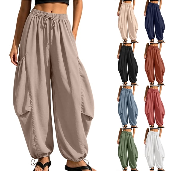 Bloomae Women's Casual Harem Pants Drawstring Elastic High Waist Boho Slouchy Palazzo Pant Loose Wide Leg Comfy Baggy Lounge Trousers with Pockets